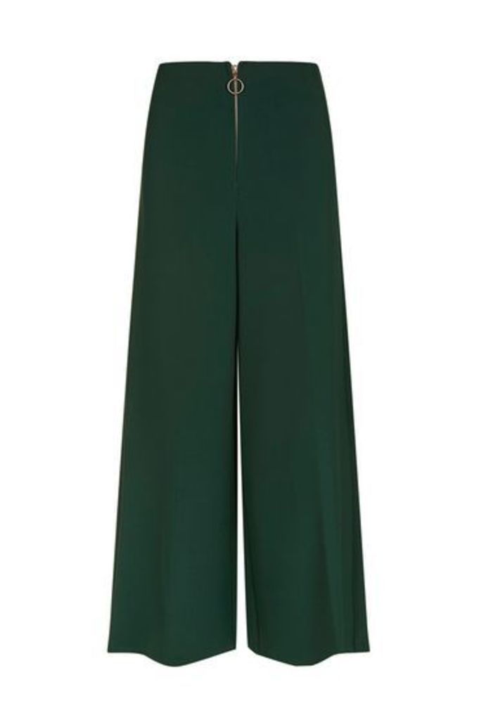 Womens Zip Front Cropped Wide Leg Trousers - Dark Green, Dark Green
