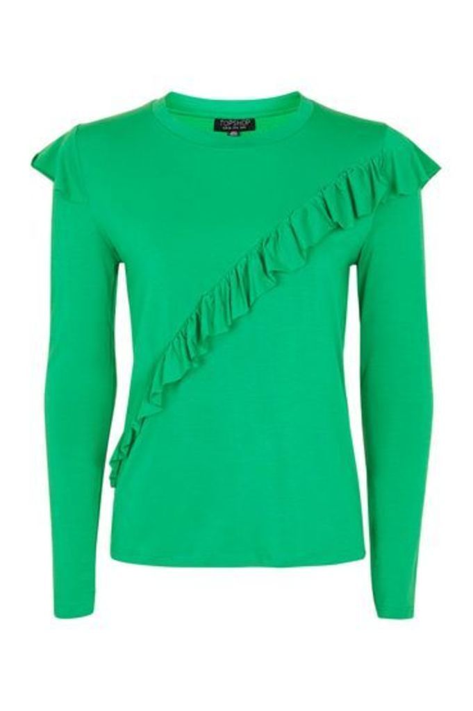 Womens Long Sleeve Ruffle T-Shirt - Bright Green, Bright Green