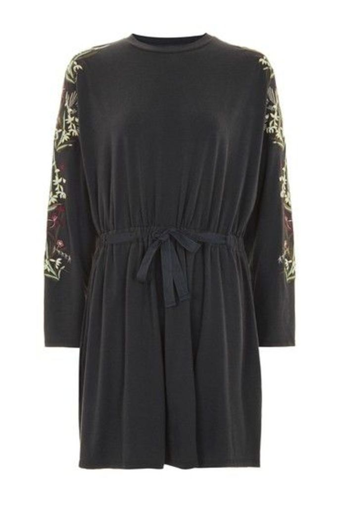 Womens PETITE Embroidered Batwing Dress - Navy Blue, Navy Blue