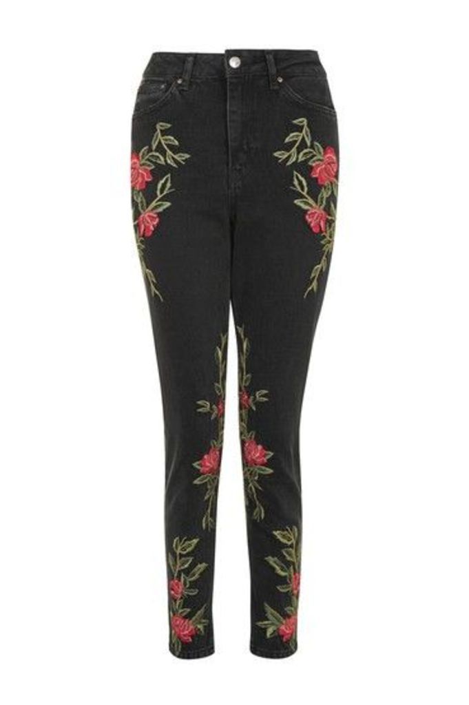 Womens TALL Rose Embroidered Mom Jeans - Washed Black, Washed Black