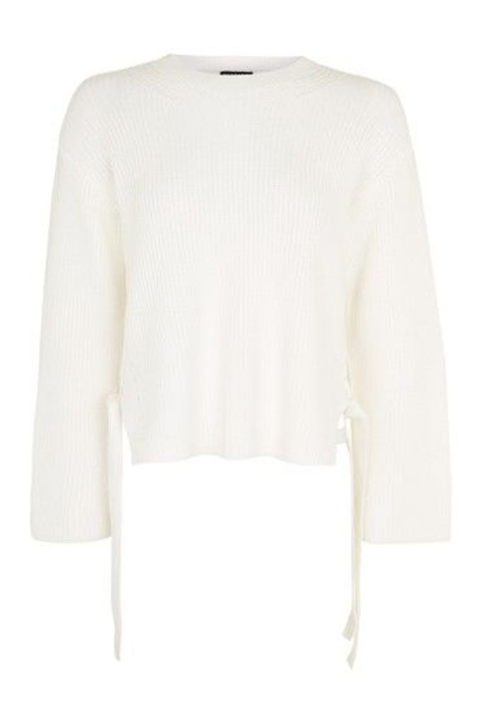 Womens Boxy Ribbed Tie Side Jumper - Ivory, Ivory