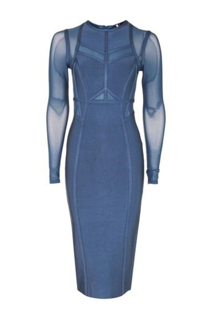 Womens Long Sleeve Panel Mesh Midi Dress - Blue, Blue