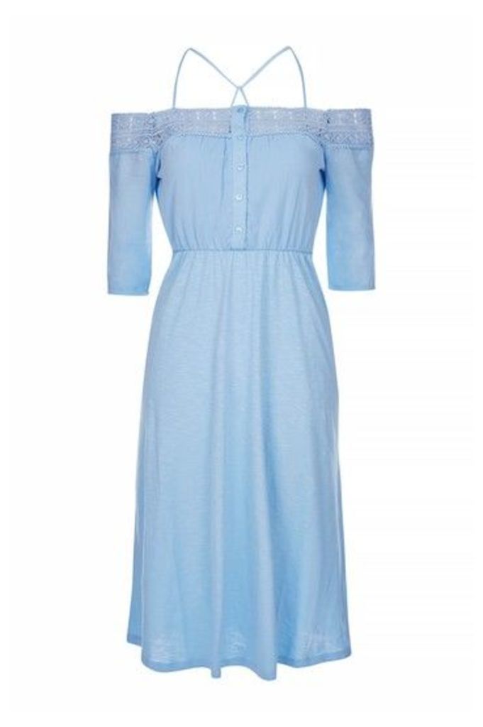 Womens Crochet Cold Shoulder Dress - Blue, Blue