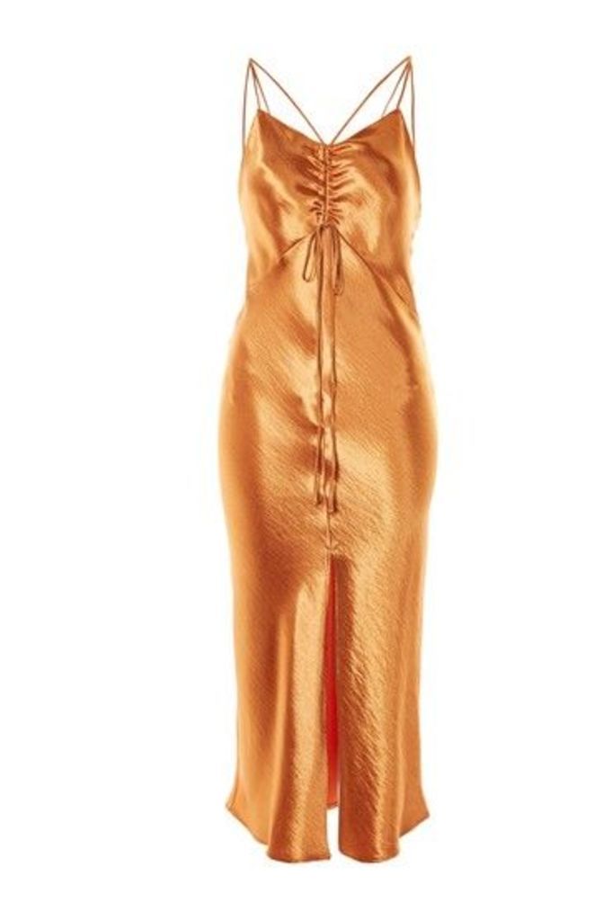 Womens Ruched Midi Slip Dress - Bronze, Bronze