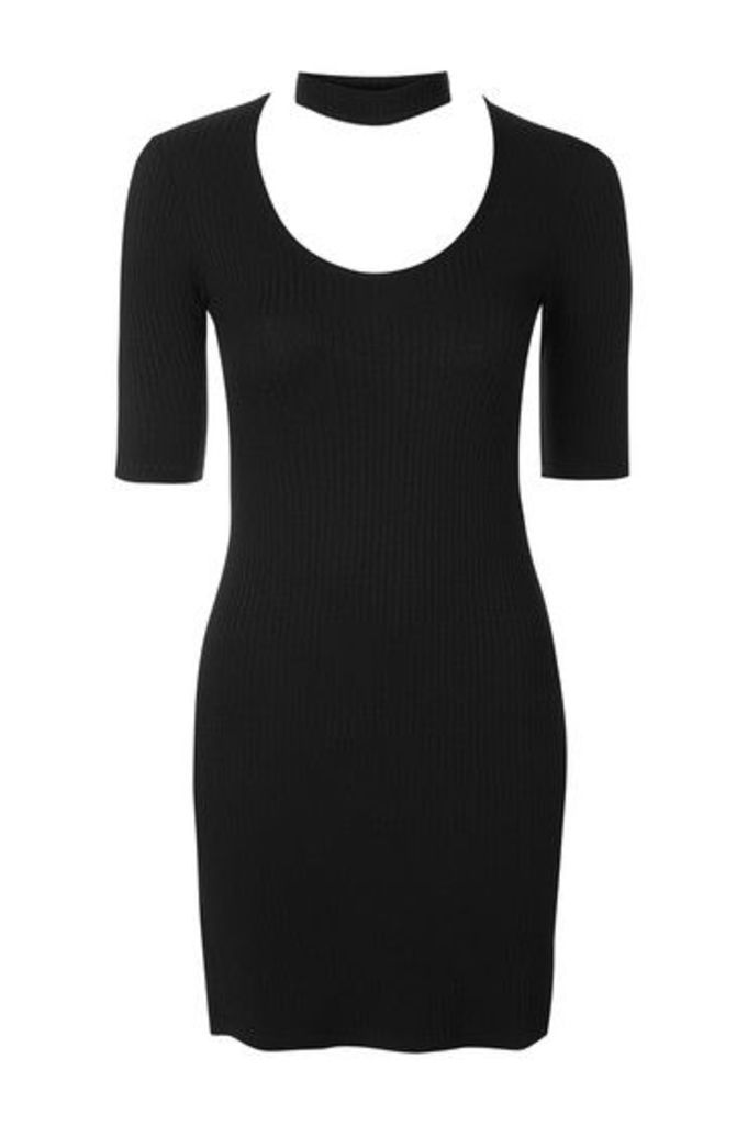 Womens Choker Neck Ribbed Mini Dress - Black, Black