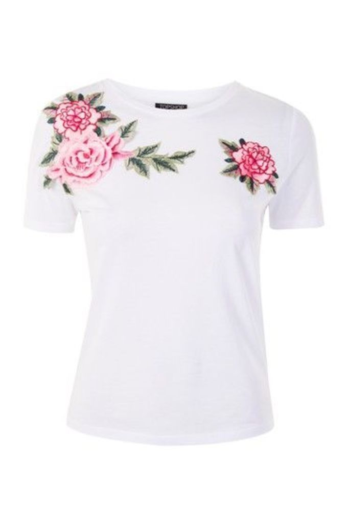 Womens Floral Applique T-Shirt - White, White