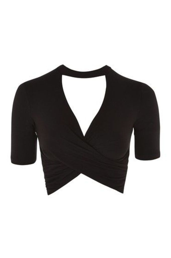 Womens Choker Short Sleeve Twist Crop Top - Black, Black