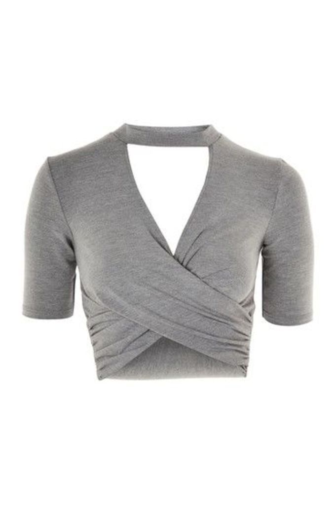 Womens Choker Short Sleeve Twist Crop Top - Grey, Grey