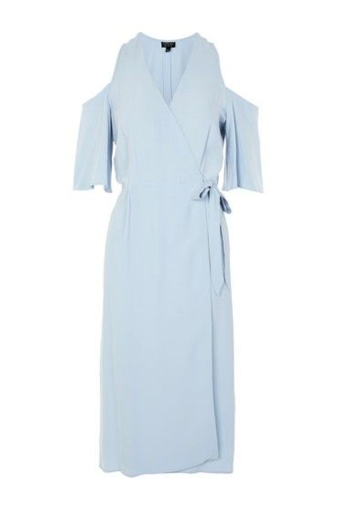 Womens Cold Shoulder Midi Wrap Dress - Blue, Blue