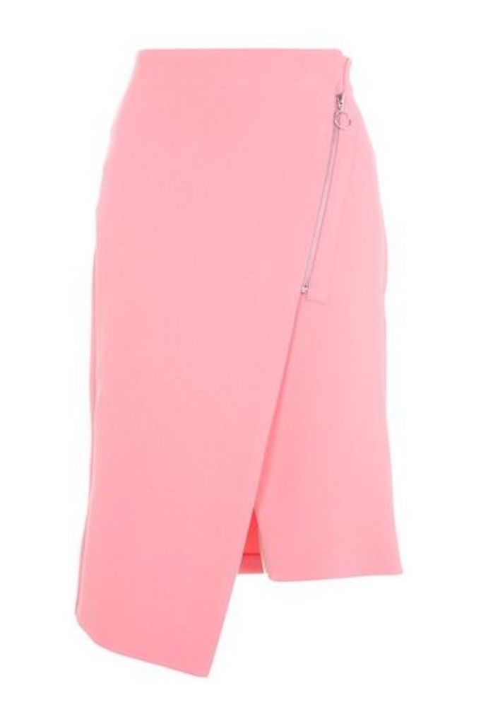 Womens Asymmetric Zip Midi Skirt - Pink, Pink