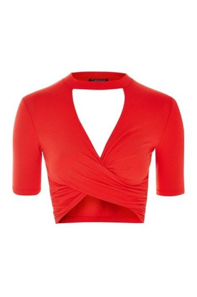Womens Choker Short Sleeve Twist Top - Red, Red
