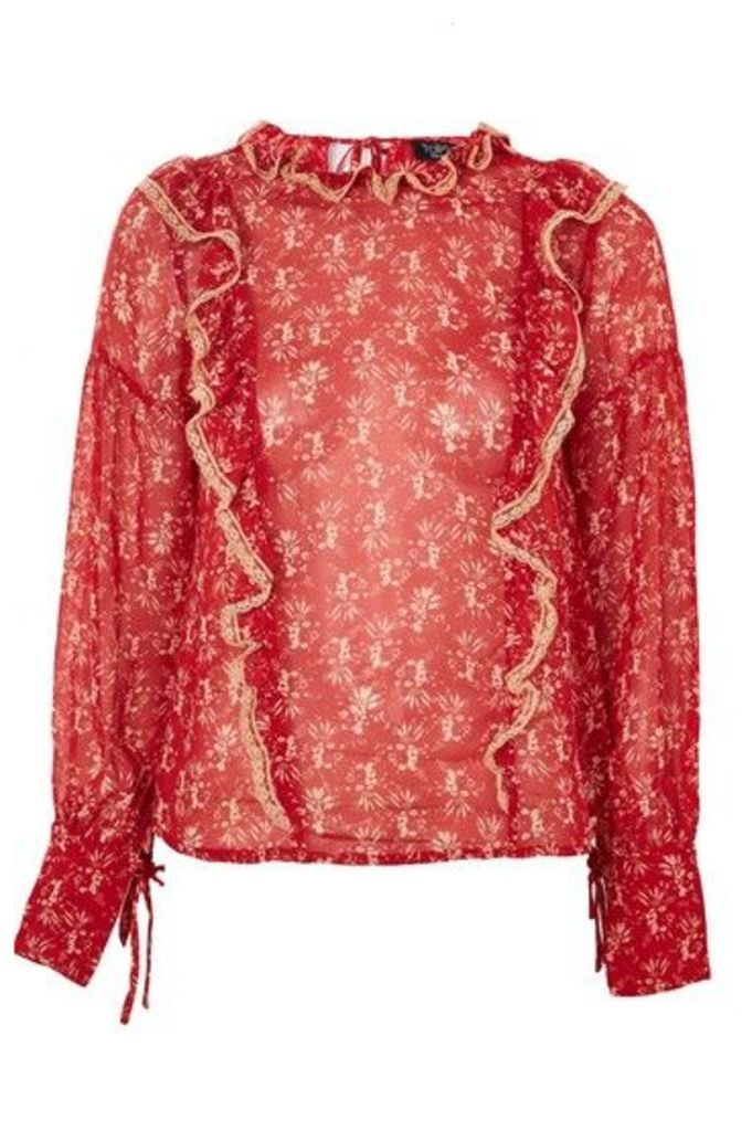 Womens Floral Bouquet Lace Trim Top - Red, Red