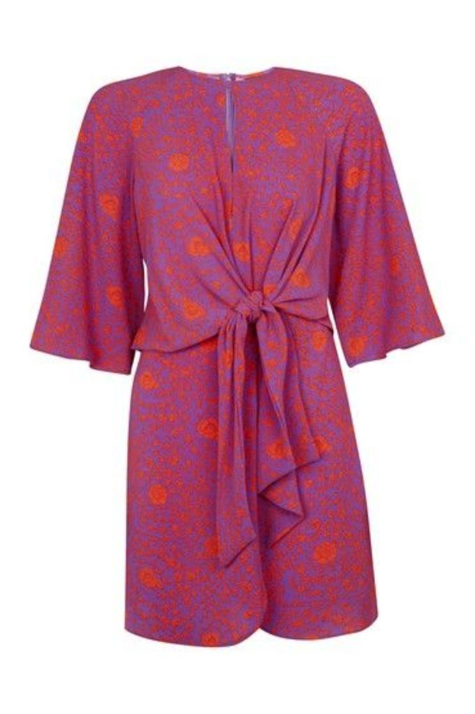 Womens Rose Print Knot Front Dress - Purple, Purple