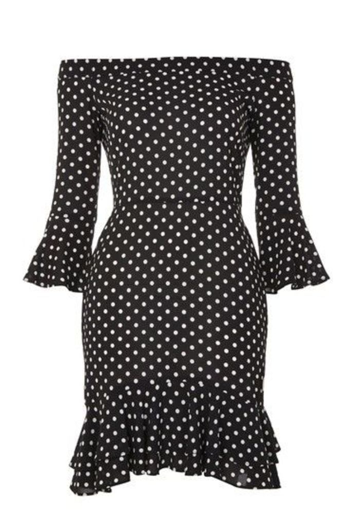 Womens TALL Spot Frill Bardot Mini Dress - Black, Black