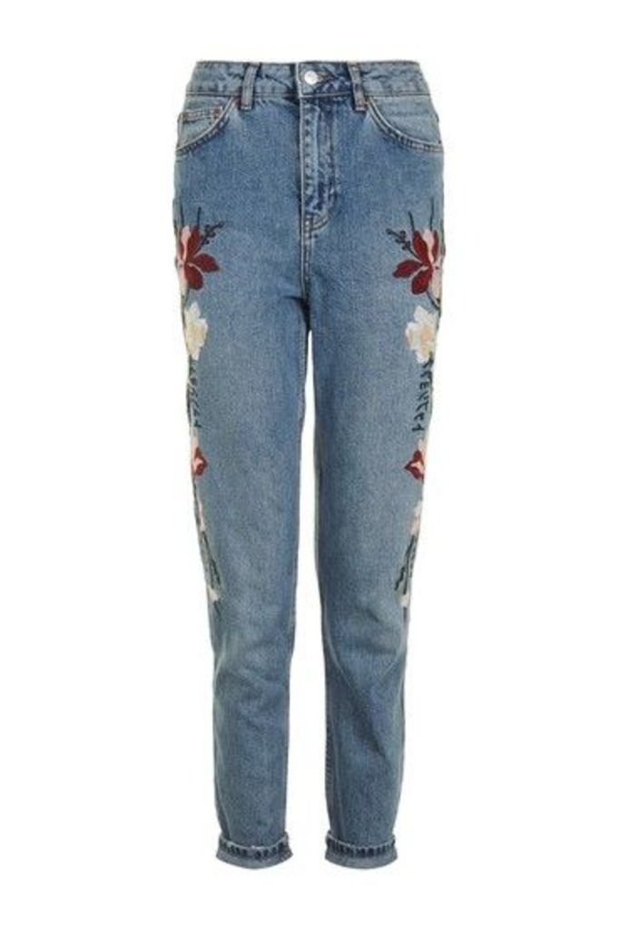 Womens TALL Floral Embroidered Mom Jeans - Blue, Blue