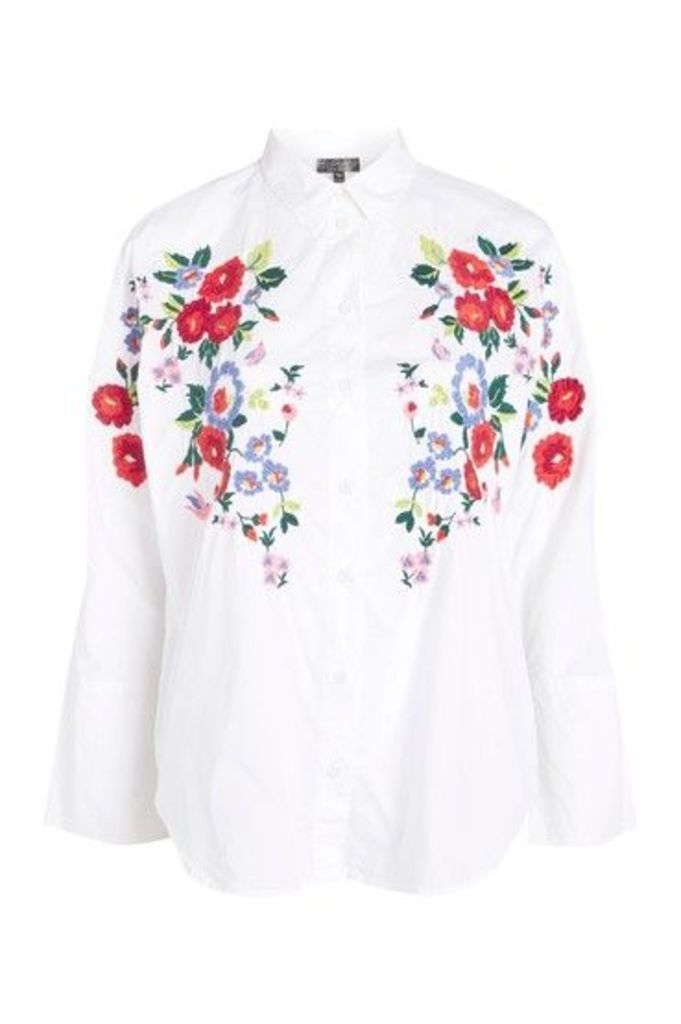 Womens Embroidered Poplin Shirt - White, White
