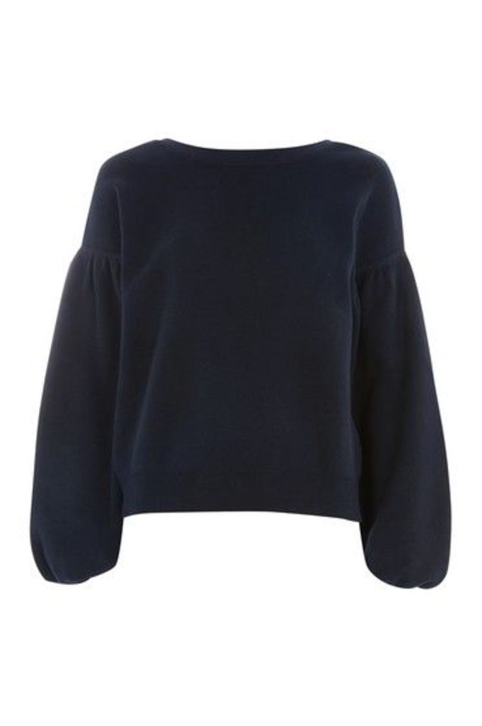 Womens Balloon Sleeve V- Neck Back Knitted Top - Navy Blue, Navy Blue