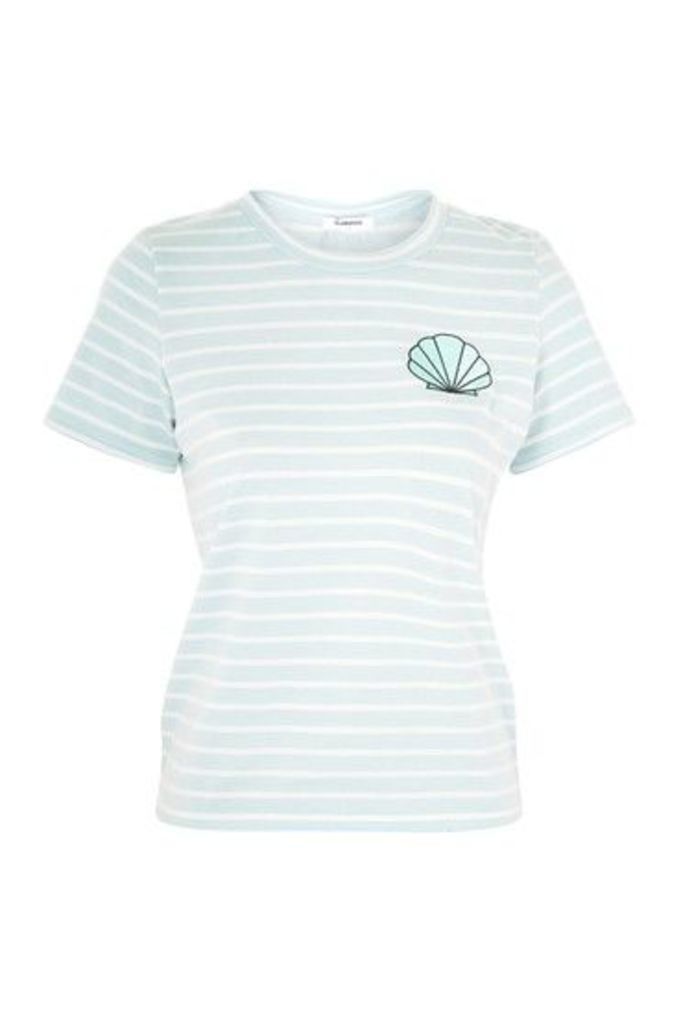 Womens **Striped Embroidered T-Shirt by Glamorous - Blue, Blue