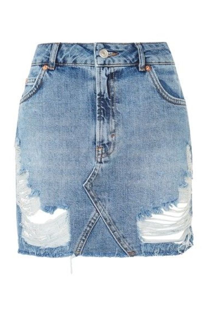 Womens MOTO Rip Denim Mini Skirt - Mid Stone, Mid Stone