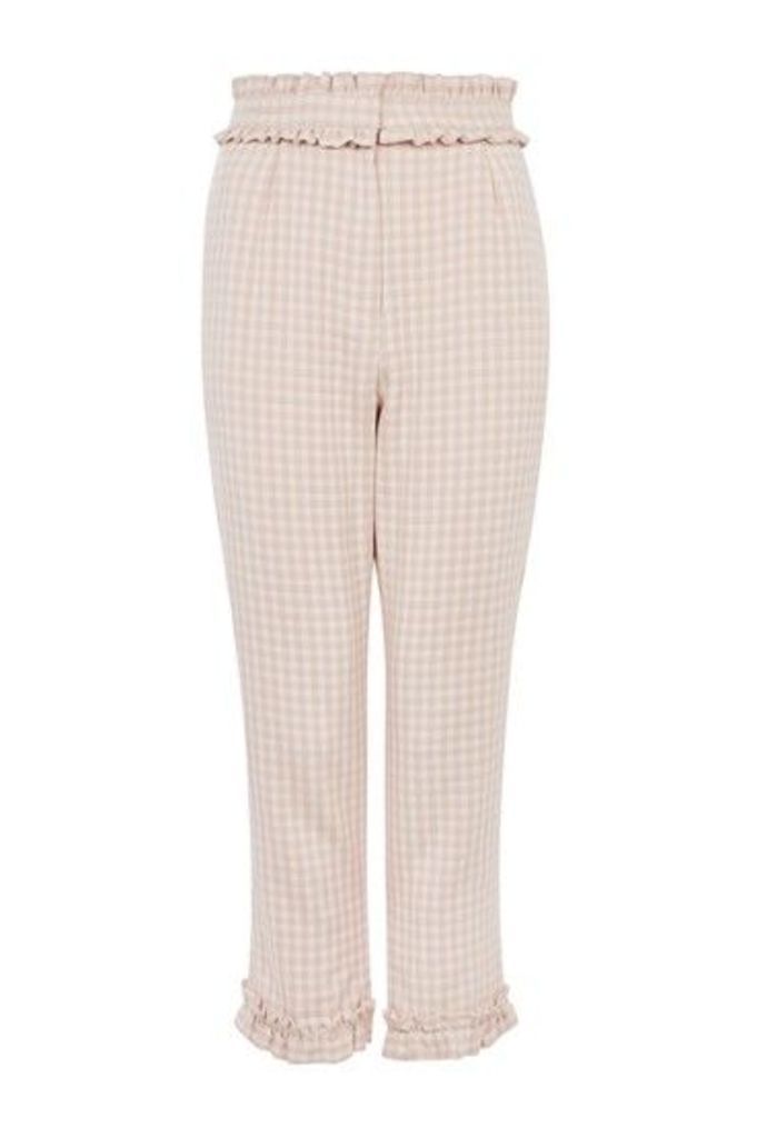 Womens Ruffle Waist Gingham Trousers - Pale Pink, Pale Pink