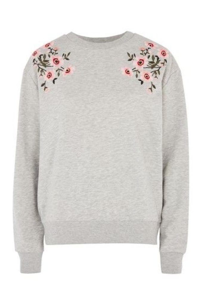 Womens PETITE Embroidered Sweat Top - Grey Marl, Grey Marl