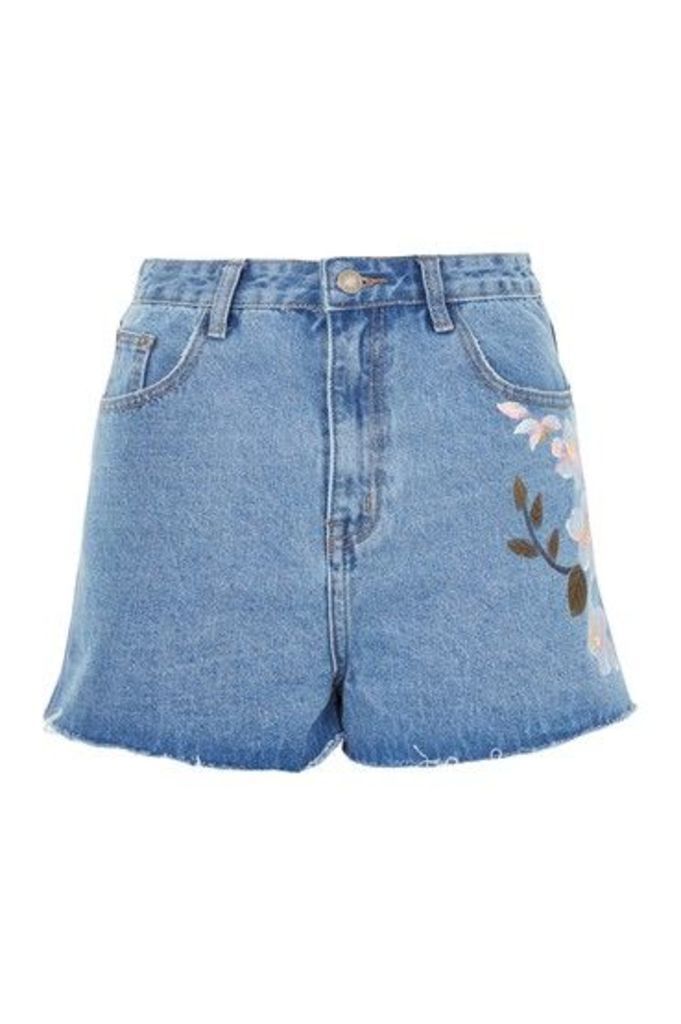 Womens **Floral Painted Denim Shorts by Glamorous - Blue, Blue