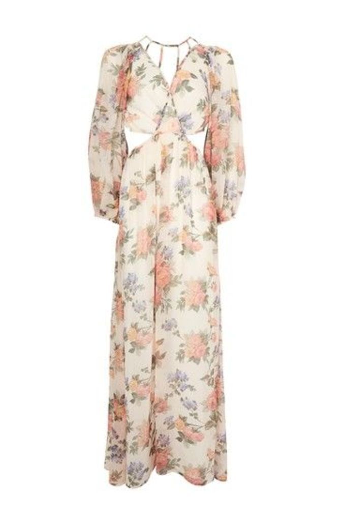 Womens Crinkle Floral Maxi Dress - Ivory, Ivory
