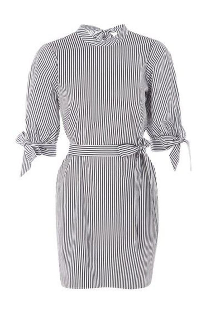 Womens Stripe Poplin High Neck Shirt Dress - Monochrome, Monochrome