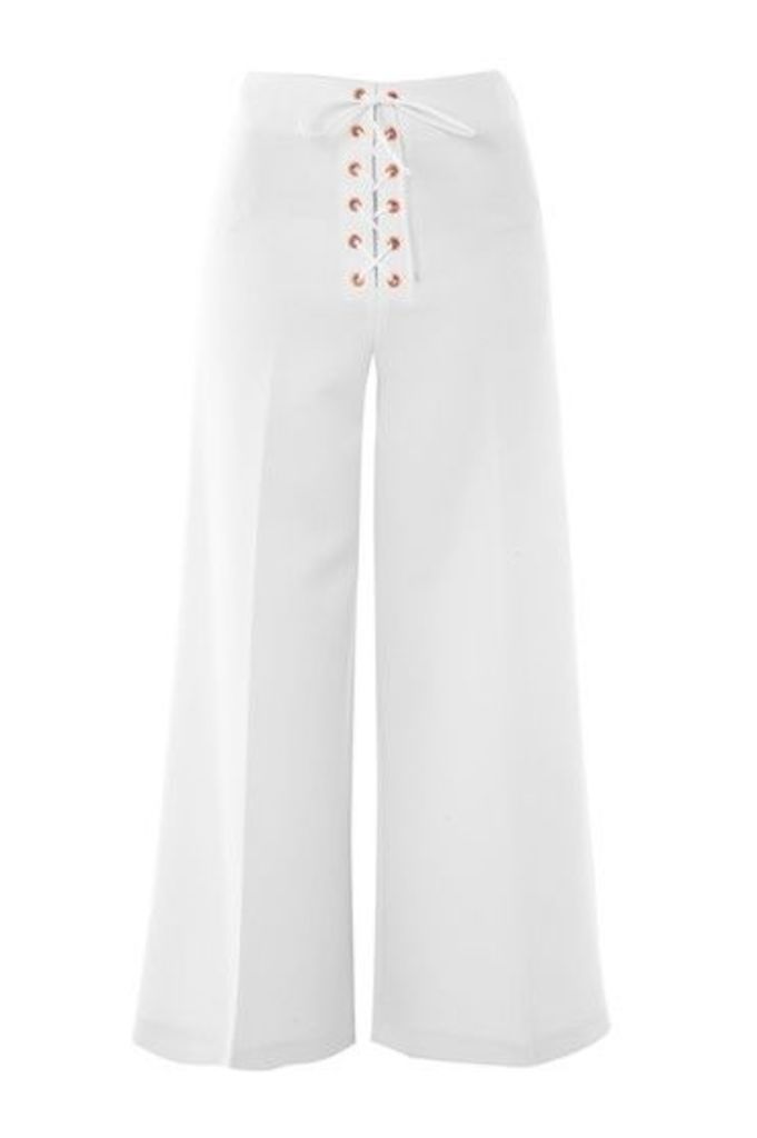 Womens Lace Up Wide Leg Crop Trousers - Ivory, Ivory