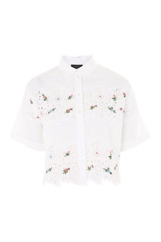 Womens Embroidered Cutwork Shirt - White, White