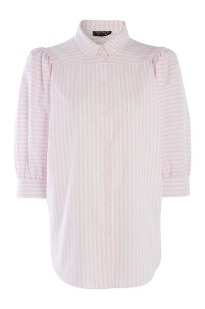 Womens Stripe Puff Sleeve Shirt - Pink, Pink