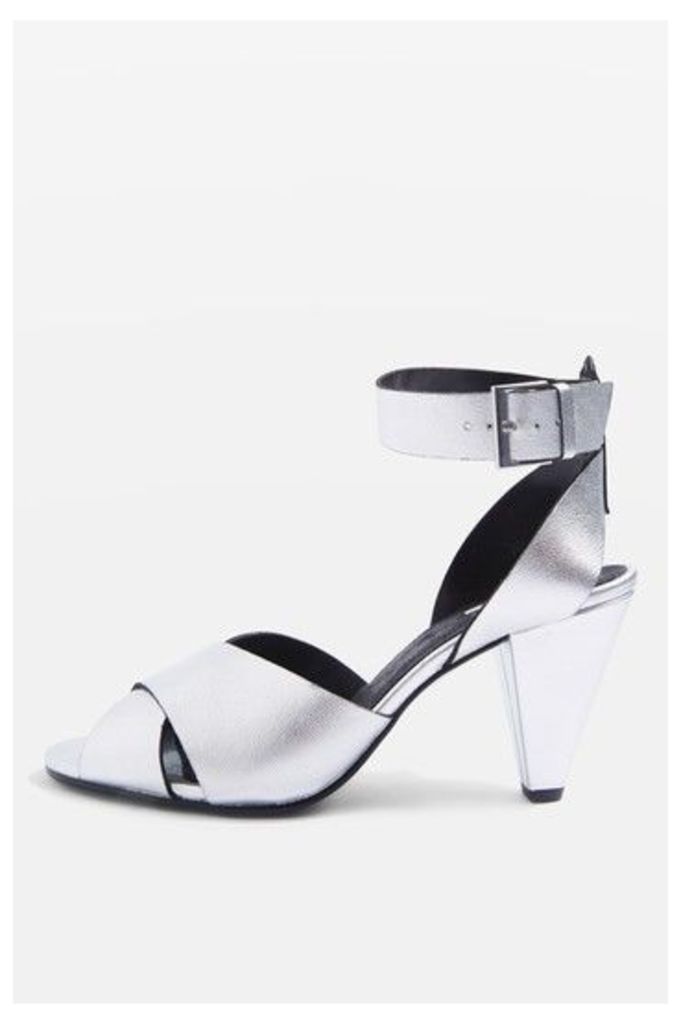 Womens Nazia Leather Cone Heel Sandals - Silver, Silver