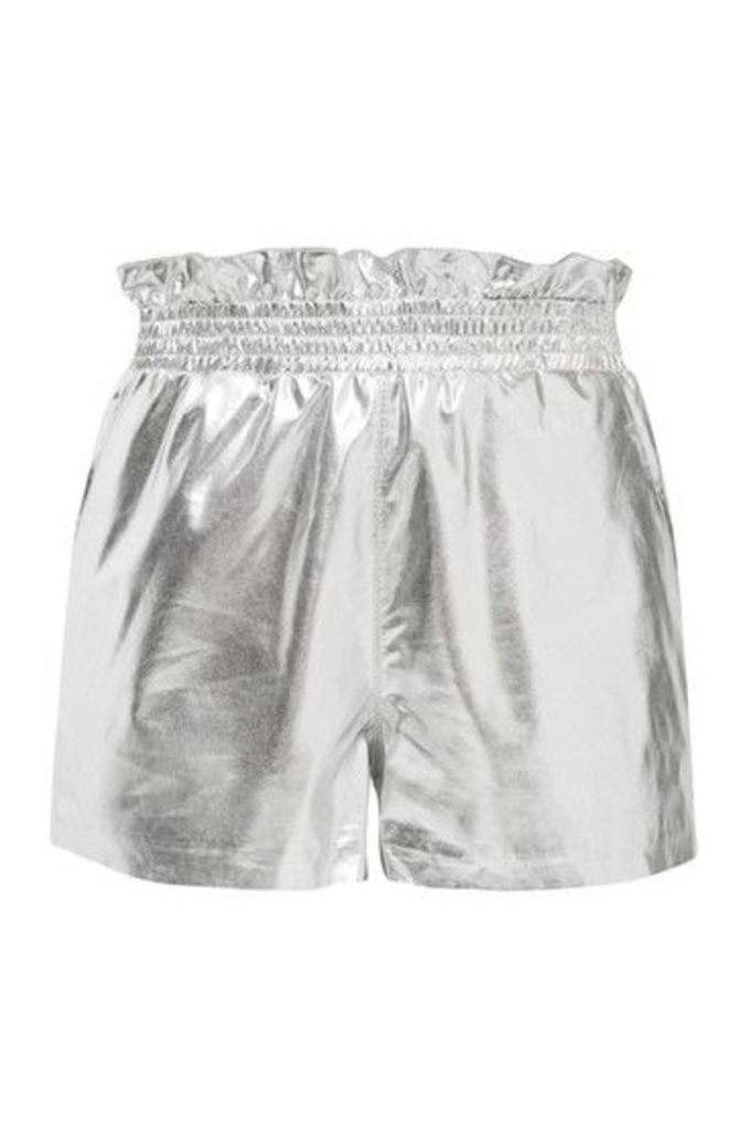 Womens PU Paper Bag Shorts - Silver, Silver