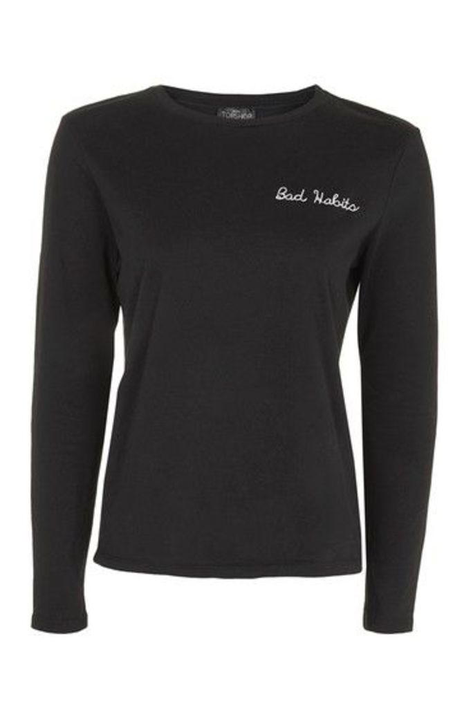 Womens PETITE Bad Habits Slogan Long Sleeve T-Shirt - Black, Black