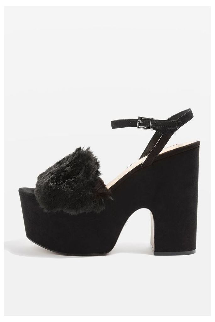 Womens LASH Faux Fur Sandals - Black, Black