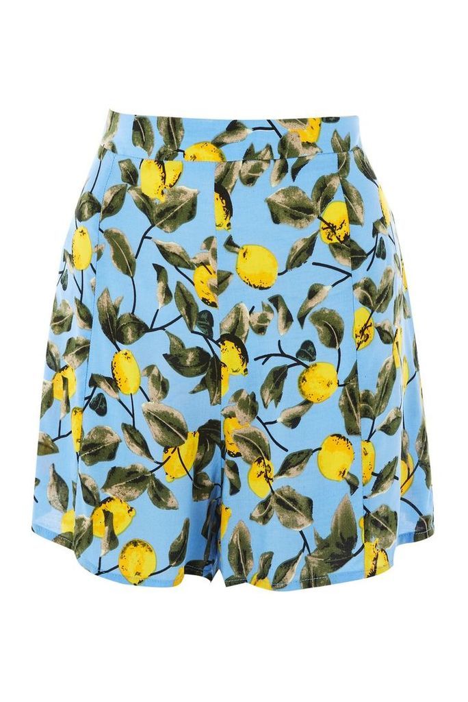 Womens **Lemon Print Shorts by Glamorous Petite - Blue, Blue