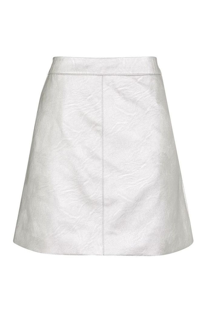 Womens PETITE PU Classic Skirt - Silver, Silver
