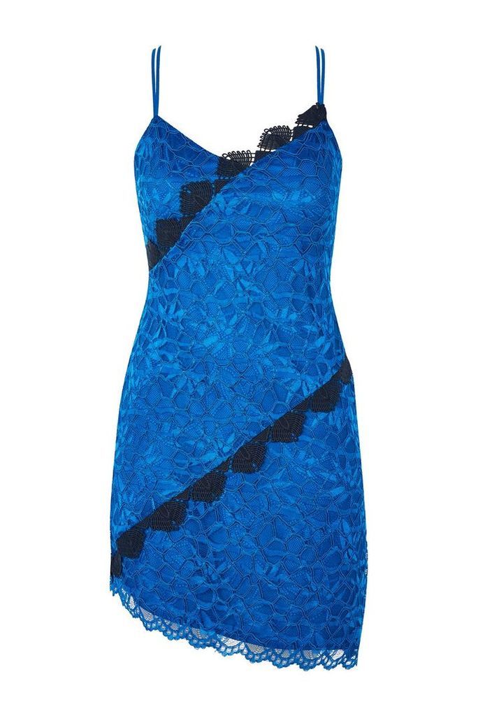 Womens PETITE Contrast Fan Lace Mini Dress - Blue, Blue