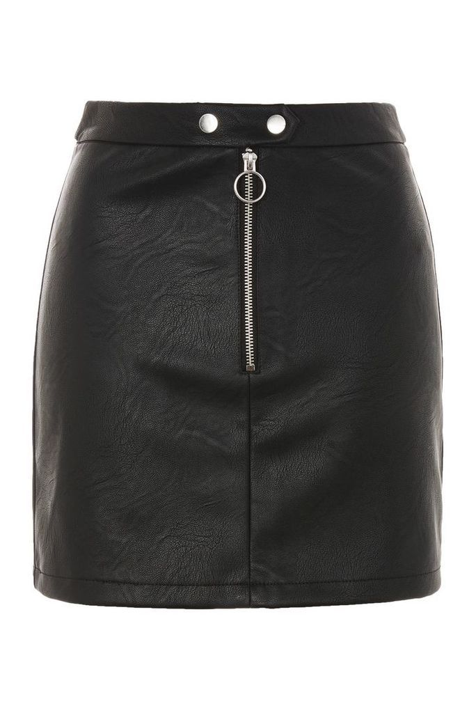 Womens Zip PU Mini Skirt - Black, Black