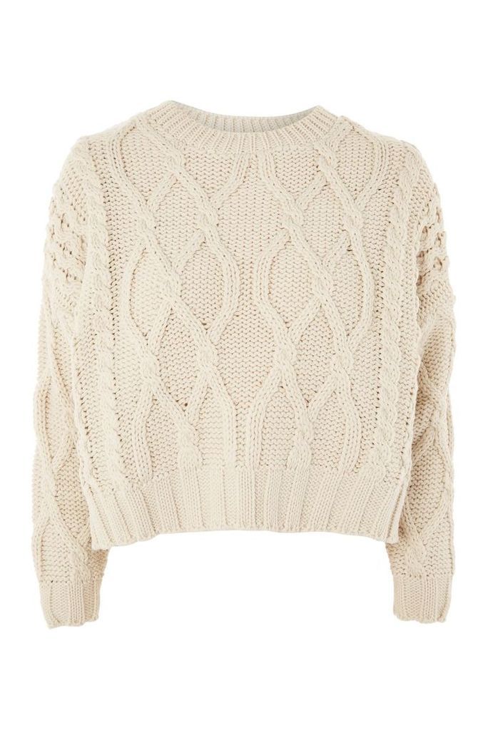 Womens Cropped Cable Knit Jumper - Oatmeal, Oatmeal