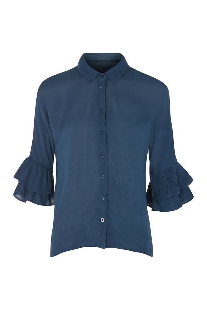 Womens Ruffle Sleeve Shirt - Navy Blue, Navy Blue