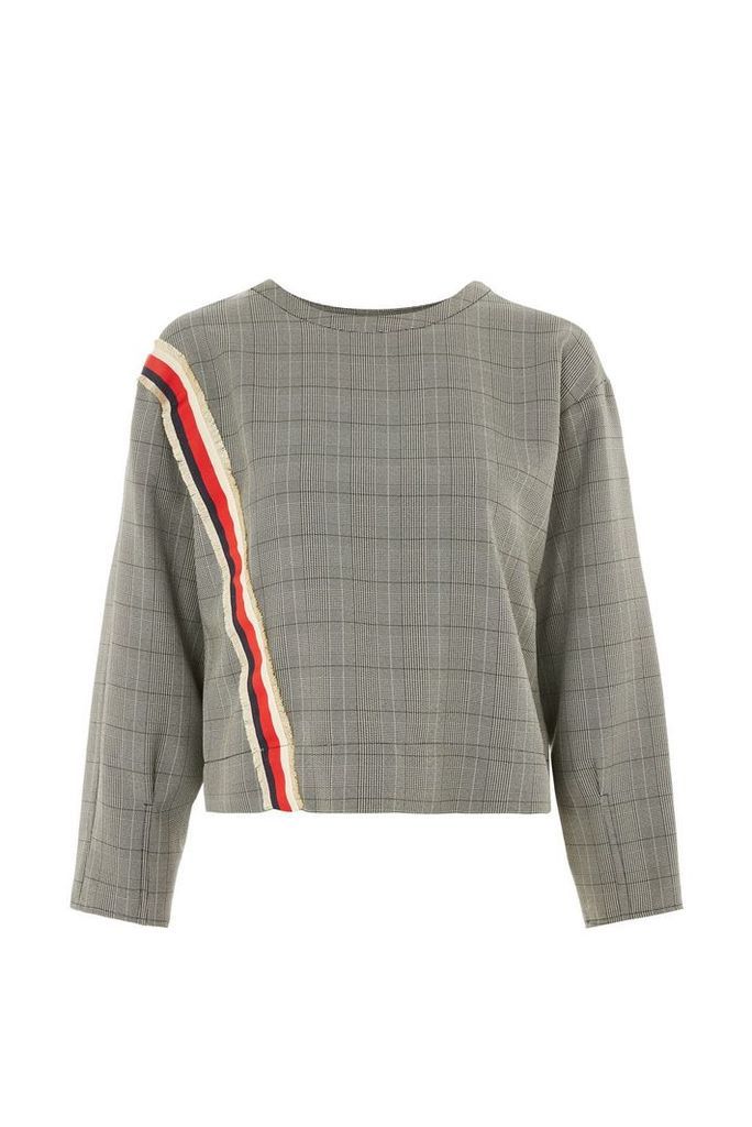 Womens Stripe Trim Checked Sweatshirt - Taupe, Taupe
