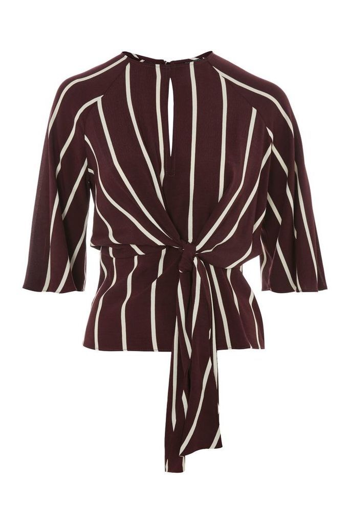 Womens Slouchy Stripe Knot Front Top - Burgundy, Burgundy