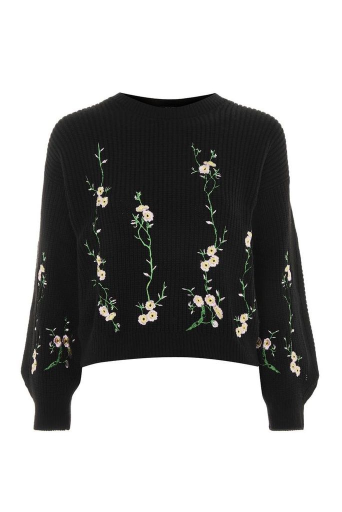 Womens Floral Embroidered Ribbed Jumper - Black, Black