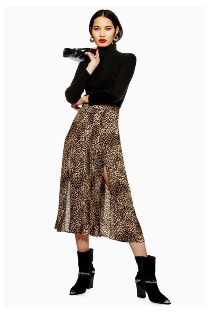 Womens Leopard Print Box Pleat Midi Skirt - Multi, Multi