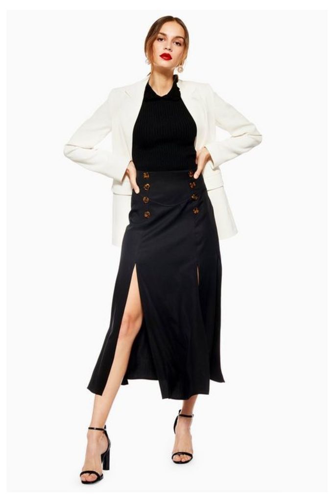 Womens Split Button Midi Skirt - Black, Black