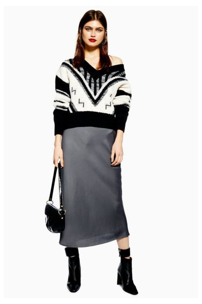 Womens Satin Bias Midi Skirt - Charcoal, Charcoal