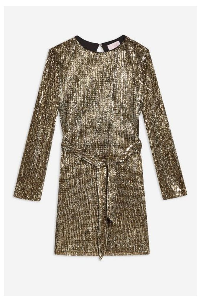 Womens **Gold Sequin Belted Dress By Club L - Gold, Gold