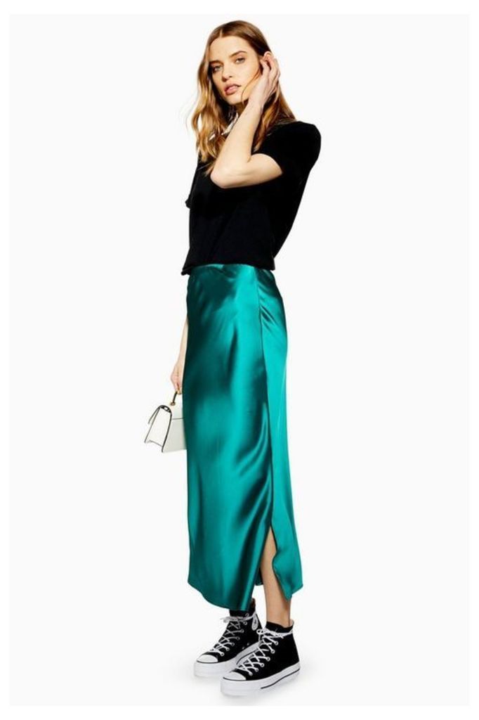 Womens Split Side Satin Bias Midi Skirt - Emerald, Emerald