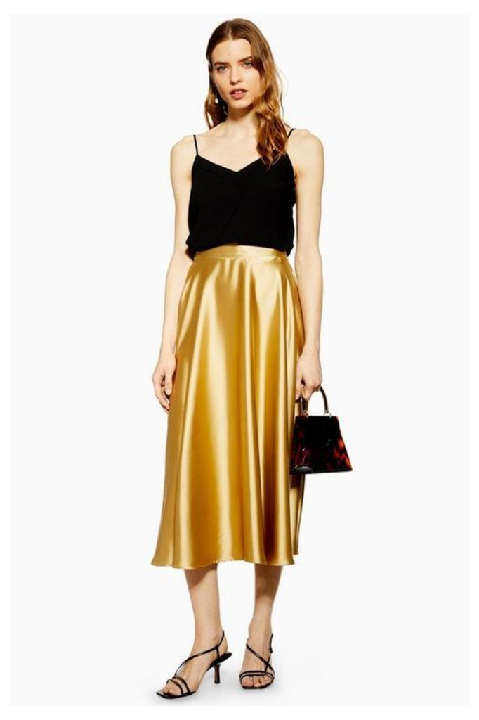 Womens Satin Full Circle Midi Skirt - Gold, Gold
